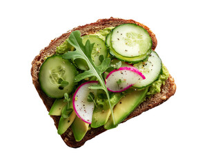 Grain bread with avocado, cucumber slices, and pink radish on top isolated on a transparent background