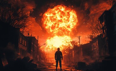 Fototapeta premium Dramatic Sunset Explosion Over Abandoned Cityscape With Solitary Figure in Foreground