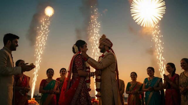 Indian Wedding Celebration: Groom Drapes Garland Around Bride with Joyful Crowd and Sparkling