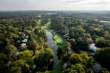 A scenic aerial view of the Augusta National Golf Course, surrounded by lush greenery and offering a tranquil and picturesque atmosphere.
