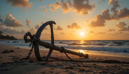 Fototapeta premium Sunset Serenity: Anchor on Golden Shore