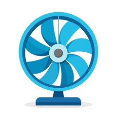 A stylized illustration of a blue electric fan, depicted with blades and base.