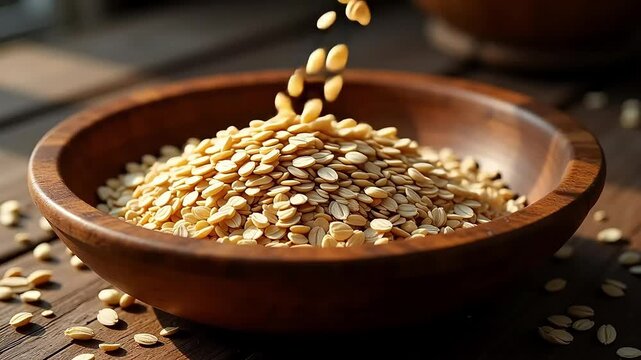 Capturing the goodness of rolled oats in a wooden bowl, perfect for healthy eating and breakfast recipes.