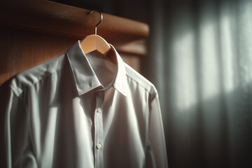 White shirt hangs in empty sunlit room, folds glowing with soft light