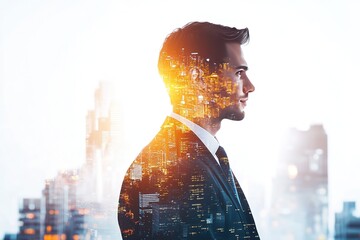 Double Exposure Side View of Businessman with City Skyline Silhouette on White Background – High-Quality Vector Illustration