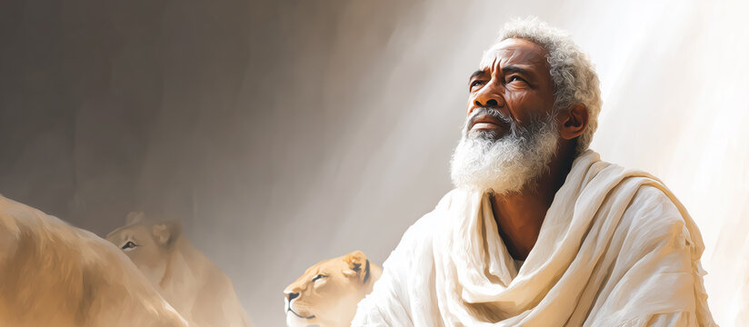 A powerful illustration of the prophet Daniel looking up to a divine light from the lions' den. A biblical banner symbolizing unwavering faith, hope, prayer, and miraculous deliverance.