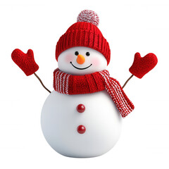 Cheerful 3d icon snowman wearing bright red winter attire, lifting hands against transparent background