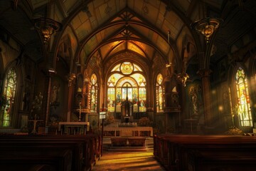 Obraz premium Sunlight streams through stained glass in a historic church interior