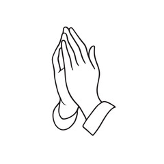 Continuous line drawing of hands palms together praying, minimalist black and white vector illustration.