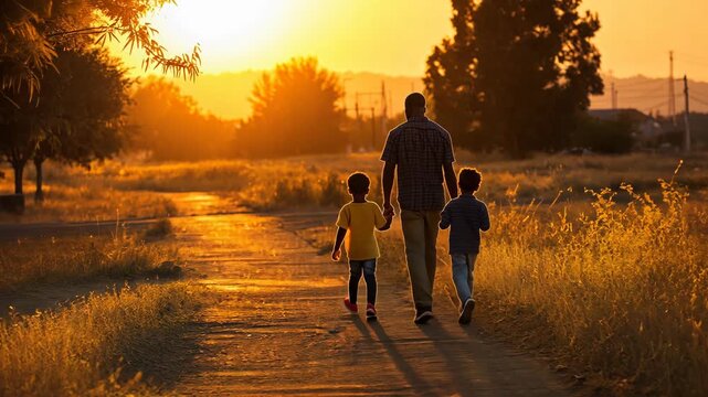 Family Walking on Path at Sunset