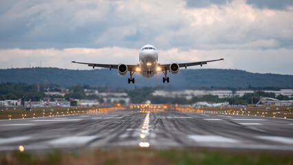 View of a passenger airplane accelerating on the runway for takeoff. Heat waves ripple from engines, runway lights and markings are clear, with a motion blur conveying speed and airport energy.
