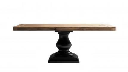 dining Minimalist table with wooden surface, supported by slim black pedestal, showcasing contemporary furniture design