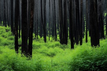 Charred forest regenerates with vibrant green saplings after destructive wildfire blaze