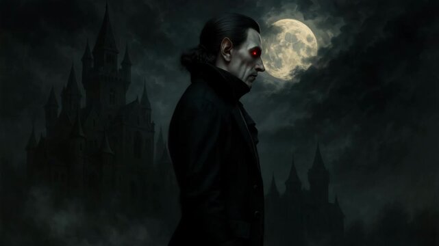 Elegant vampire standing in front of an old castle, glowing red eyes, fog, gothic clothing, full moon behind stormy clouds, dark cinematic Halloween setting
