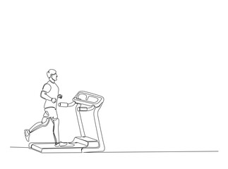 Young man running on a treadmill  in single outline illustration. Continuous line art drawing of jogging in treadmill.