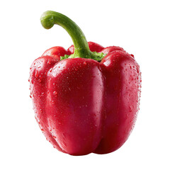 A vibrant red bell pepper with water droplets, isolated on a transparent background