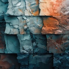 Abstract textured artwork featuring a grid of fractured, layered stone in cool and warm hues, ranging from deep teal to burnt orange