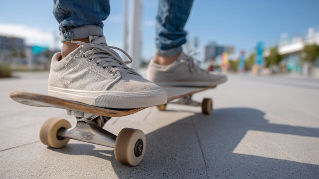 Close-up of feet in worn sneakers balancing on a skateboard rolling smoothly across pavement, capturing motion and urban street lifestyle with focus on footwear and board.