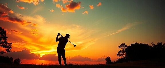 Golfer silhouette at sunset, fiery sky backdrop, silhouette, photo