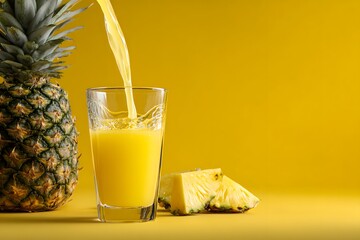Refreshing splash of pineapple juice pouring into a clear glass, pineapple wedges in the background,