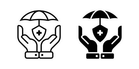 Medical Insurance icon set. A minimalist icon showing healthcare protection. An umbrella shelters a shield with a cross symbol, supported by two hands, representing health, insurance, and safety.