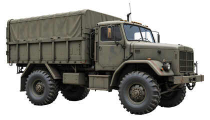 Military Cargo Truck &ndash; Olive Drab Camouflage Vehicle with Boxy Cab and Large Tires Side Profile Isolated on Transparent Background