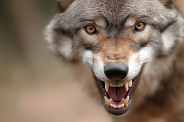 Fototapeta premium Fierce wolf with sharp teeth and intense eyes in a natural forest setting