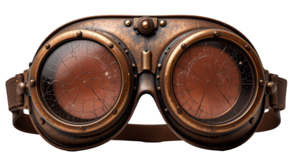 Antique Industrial Safety Goggles – Copper-Colored Round Lens Eyewear with Aged Brass Frame and Patina Isolated on Transparent Background