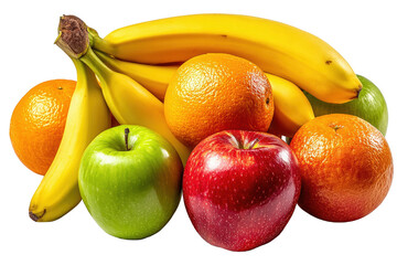 A vibrant bunch of bananas sits beside red and green apples and oranges isolated on transparent background