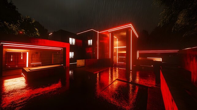 Red Neon Rain Night Modern House Futuristic Architecture - Powered by Adobe