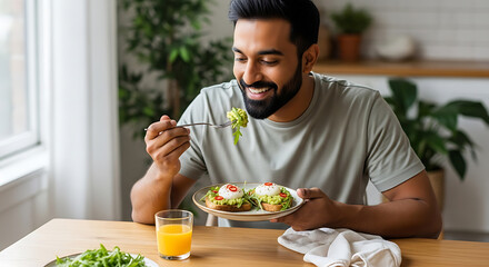 Smiling bearded Indian man enjoys a healthy and nutritious breakfast of avocado toast with poached eggs and fresh orange juice at home, promoting a happy and balanced lifestyle.