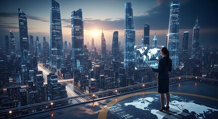 Global Vision: Businesswoman Analyzing Data in a Futuristic Cityscape (AI Generated)