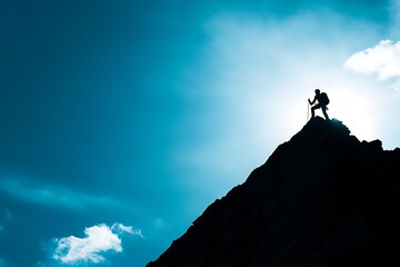 Silhouette of hiker with backpack and trekking poles on mountain peak against bright sky