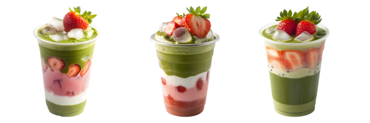 Layered matcha, milk, and strawberry drink in a clear plastic cup with ice and fresh strawberry garnish isolated on a clean white background