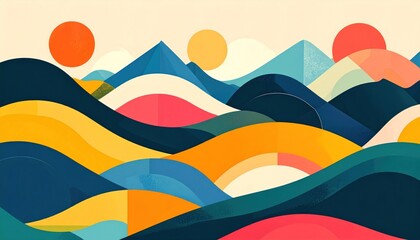 Abstract Pixelated Landscape With Layered Wave Field and Colorful Mountains Under Orange Suns