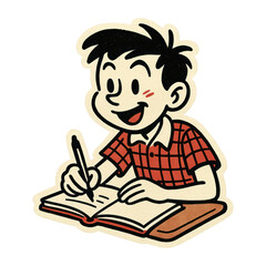 PNG Retro cartoon boy writing.