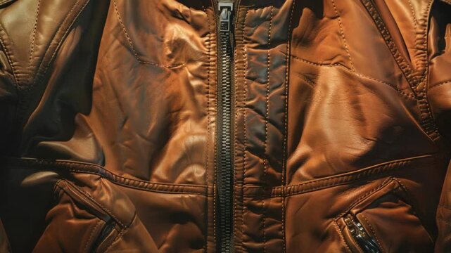 A brown leather jacket hangs on the wall with a relaxed fit, perfect for a casual event or as a decorative piece