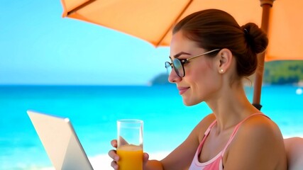 Young woman in sunglasses working on a laptop under a yellow umbrella by the sea with of juice