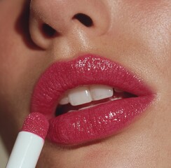 Naklejka premium Close-Up of Elegant Woman Applying Clear Lip Gloss with Applicator Stick, Hyperrealistic Beauty Shot, White Background Studio Lighting