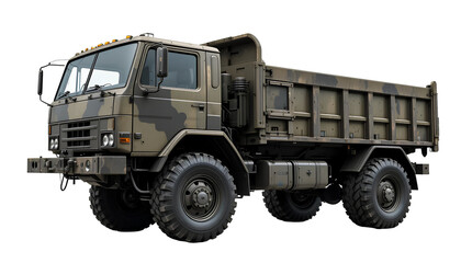 Military Cargo Truck – Olive Drab Camouflage Vehicle with Boxy Cab and Large Tires Side Profile Isolated on Transparent Background
