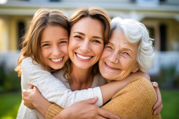 Women and girl embrace each other warmly outside a welcoming home. Soft sunlight setting, joyful expressions show family bonds. Concept of family, love, happiness, relationships
