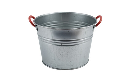 Galvanized Metal Bucket – Empty Round Light Gray Pail with Red Plastic Handles and Textured Surface Isolated on Transparent Background