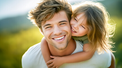 Child hugs father from behind while he smiles broadly. Bright sunny day in a lush green landscape. Concept of family bonding, happiness, parenting