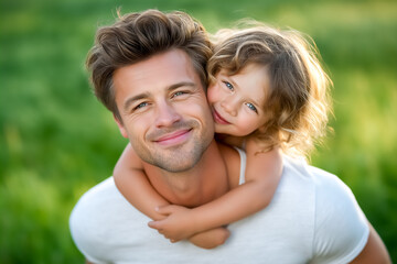 Fototapeta premium Man with light brown hair smiles while daughter with curly hair hugs him from behind. Bright green grass surrounds them on a sunny day. Concept of family, parenting, outdoor activities