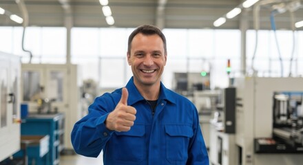 Fototapeta premium A man in a blue uniform giving a thumbs-up in a factory setting.