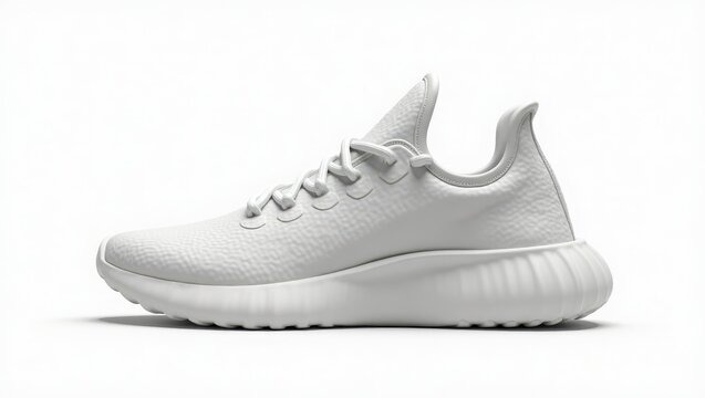 Side view of a plain, white athletic shoe.