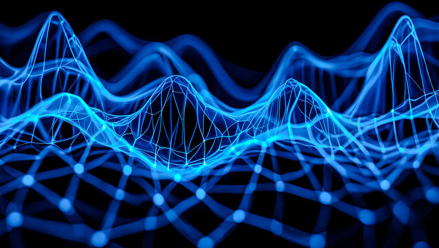 Intricate 3D glowing waveform visualizes a quantum particle&rsquo;s wavefunction, illustrating quantum probability in a dynamic space environment.
