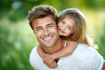 Man and girl sharing joyful moment outdoors, smiling and looking at camera. Lush greenery surrounds them, creating a cheerful atmosphere. Concept of family bonding, parenting, outdoor activities