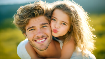 Fototapeta premium Father holds daughter from behind while they share joyful expressions. Bright afternoon sunlight illuminates their faces against a soft green backdrop. Concept of family bonding, happiness, childhood