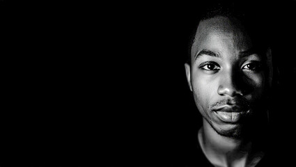 Minimalist face half-covered by shadows, using negative space to evoke mystery and deep introspection.